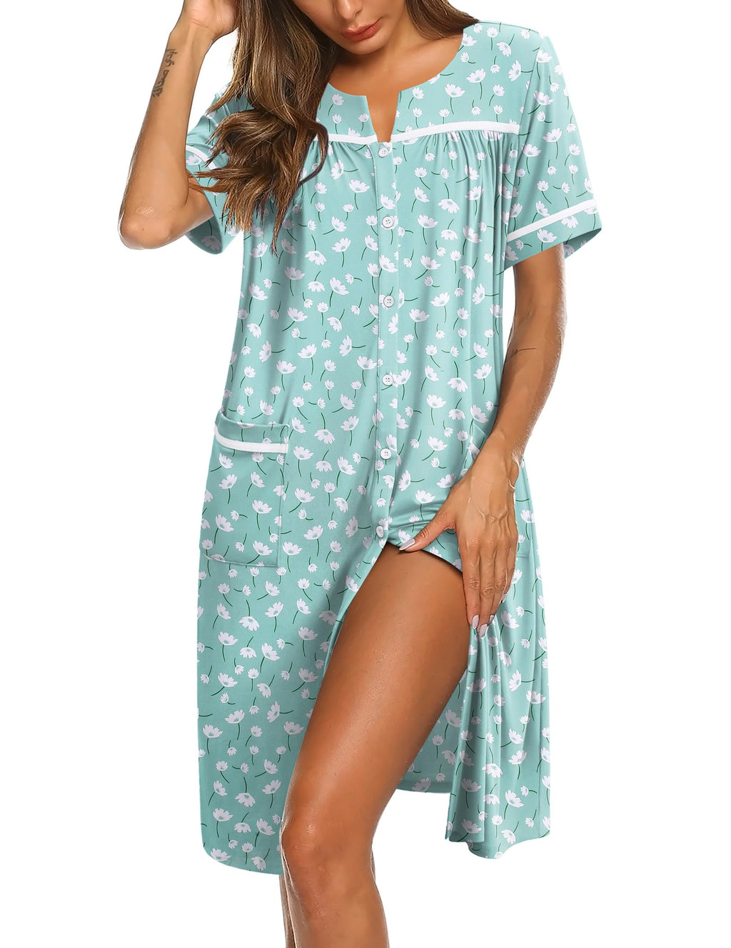 Ekouaer Nightgowns for Women House Dress with Pockets Button Down Sleepshirt Short Sleeve Nightshirt Housecoat