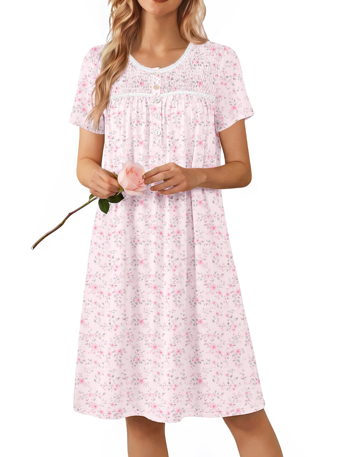 Ekouaer Nightgowns for Women Smocked Night Gown Short Sleeve Sleepshirts