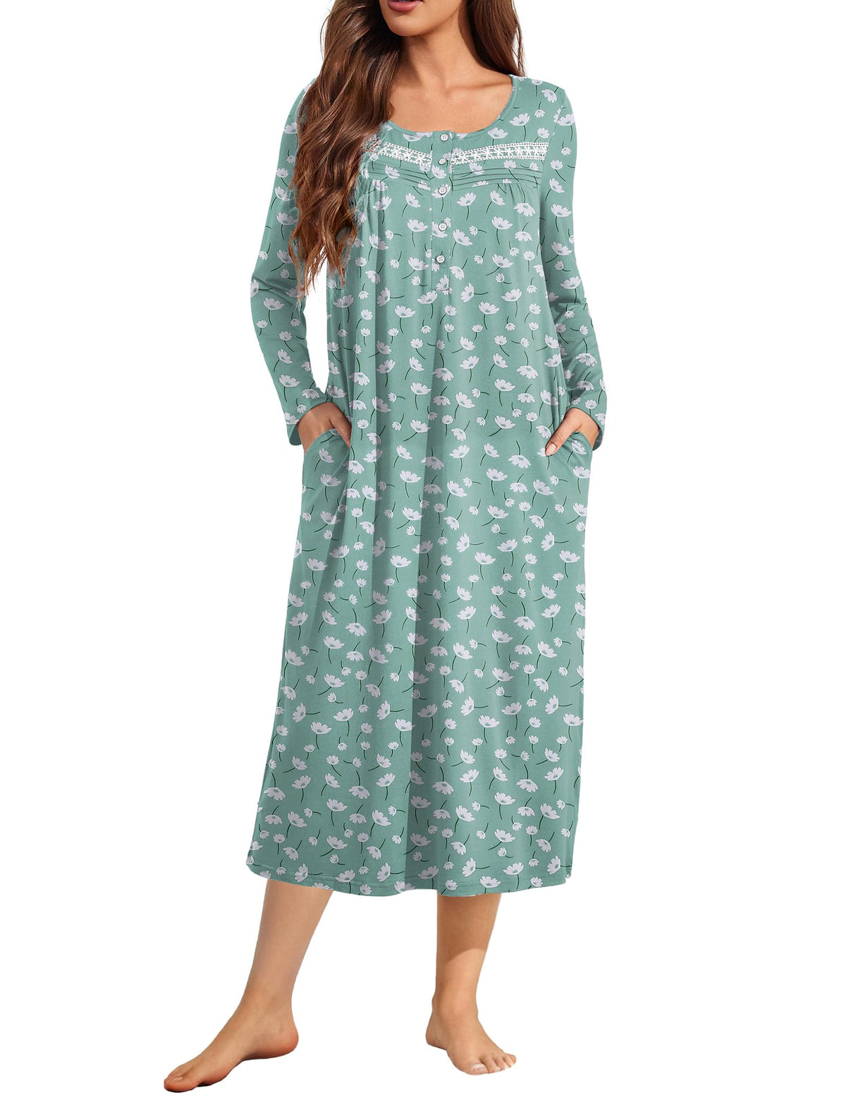 Ekouaer Long Sleeve Nightgown for Women Long Henley House Dress with Pocket