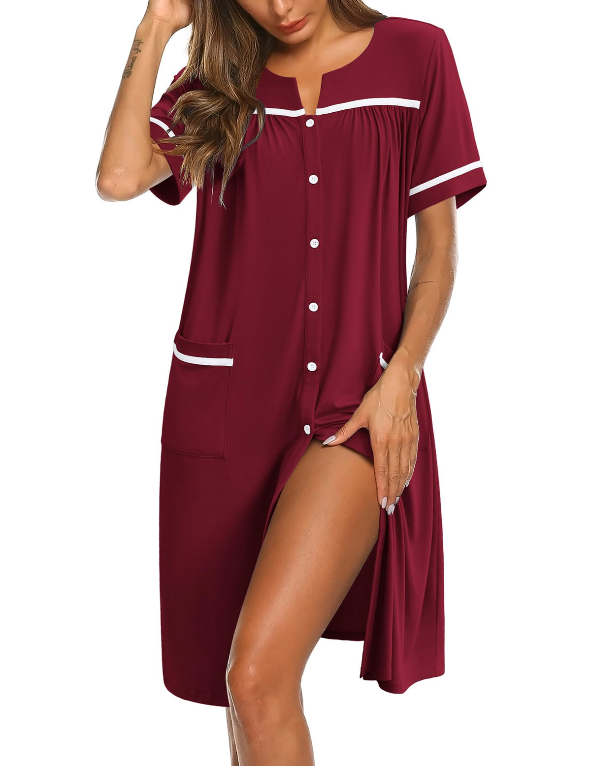 Ekouaer Nightgowns for Women House Dress with Pockets Button Down Sleepshirt Short Sleeve Nightshirt Housecoat