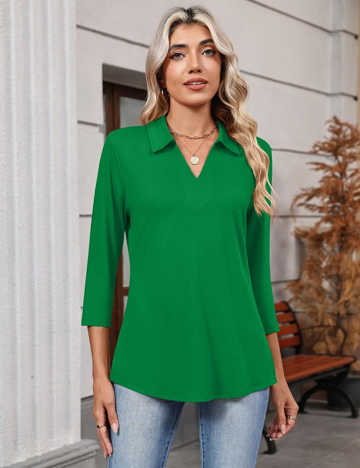LOMON 3/4 Sleeve Womens Tops Summer Collared Polo Shirts V Neck Polos Tees