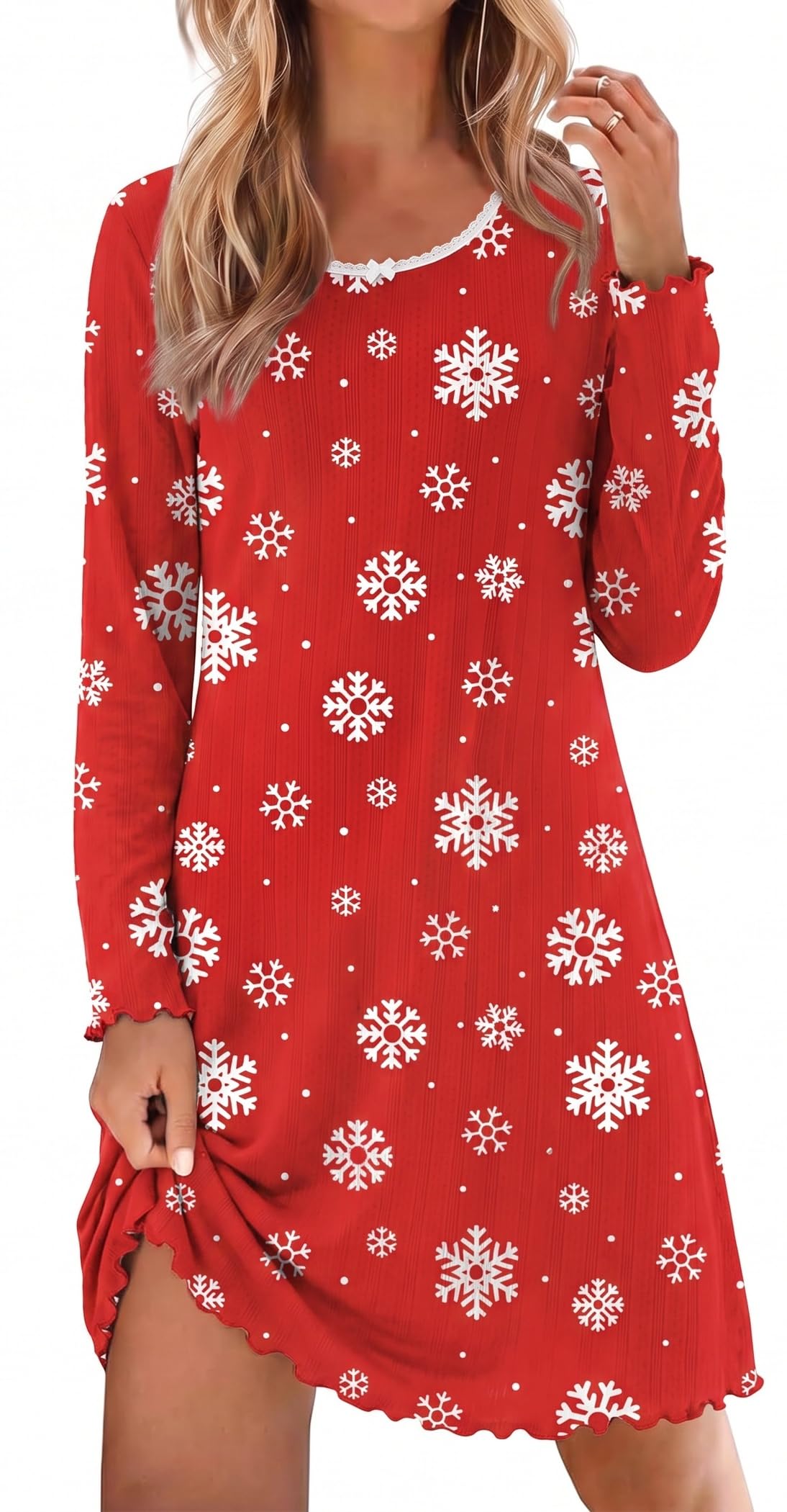 Ekouaer Women's Long Sleeve Nightgown Soft Ribbed Sleep Dress Night Shirt