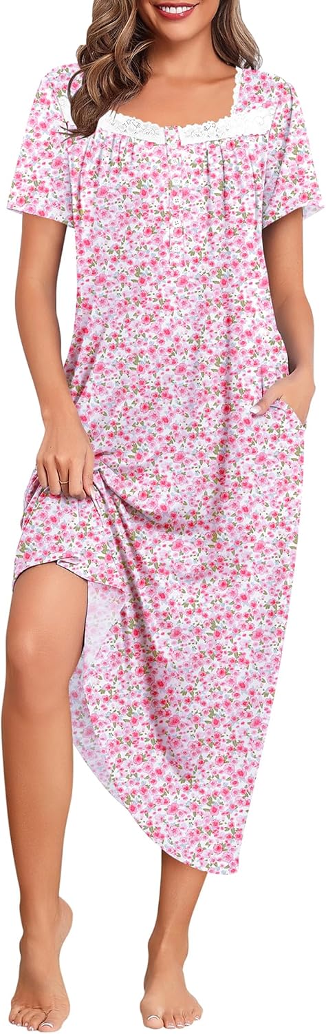 Ekouaer Long Nightgowns for Women Short Sleeve House Dress with Pockets