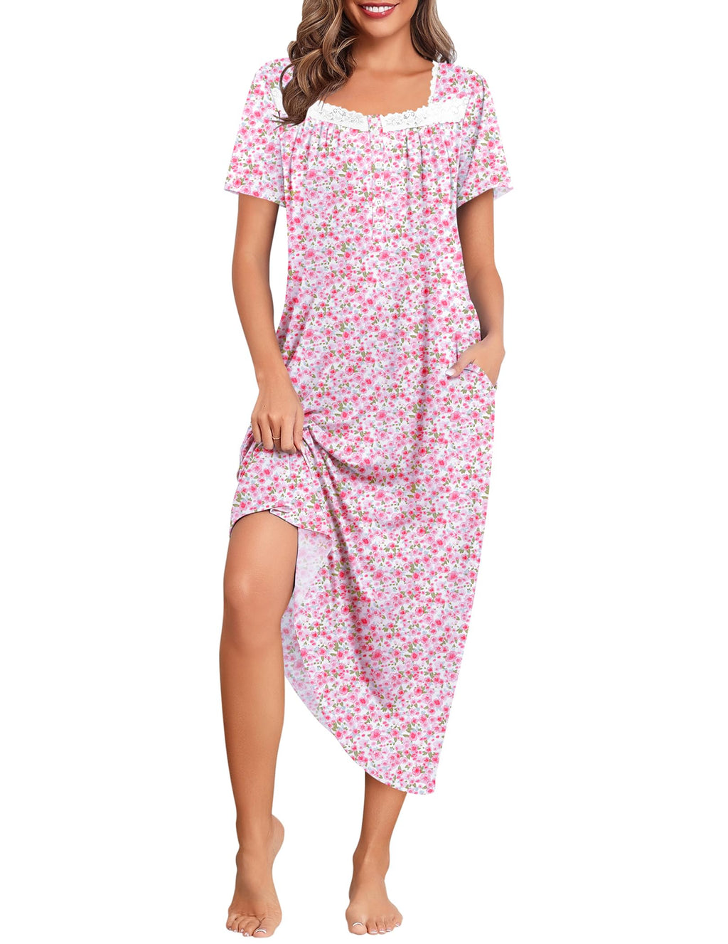 Ekouaer Long Nightgowns for Women Short Sleeve House Dress with Pockets