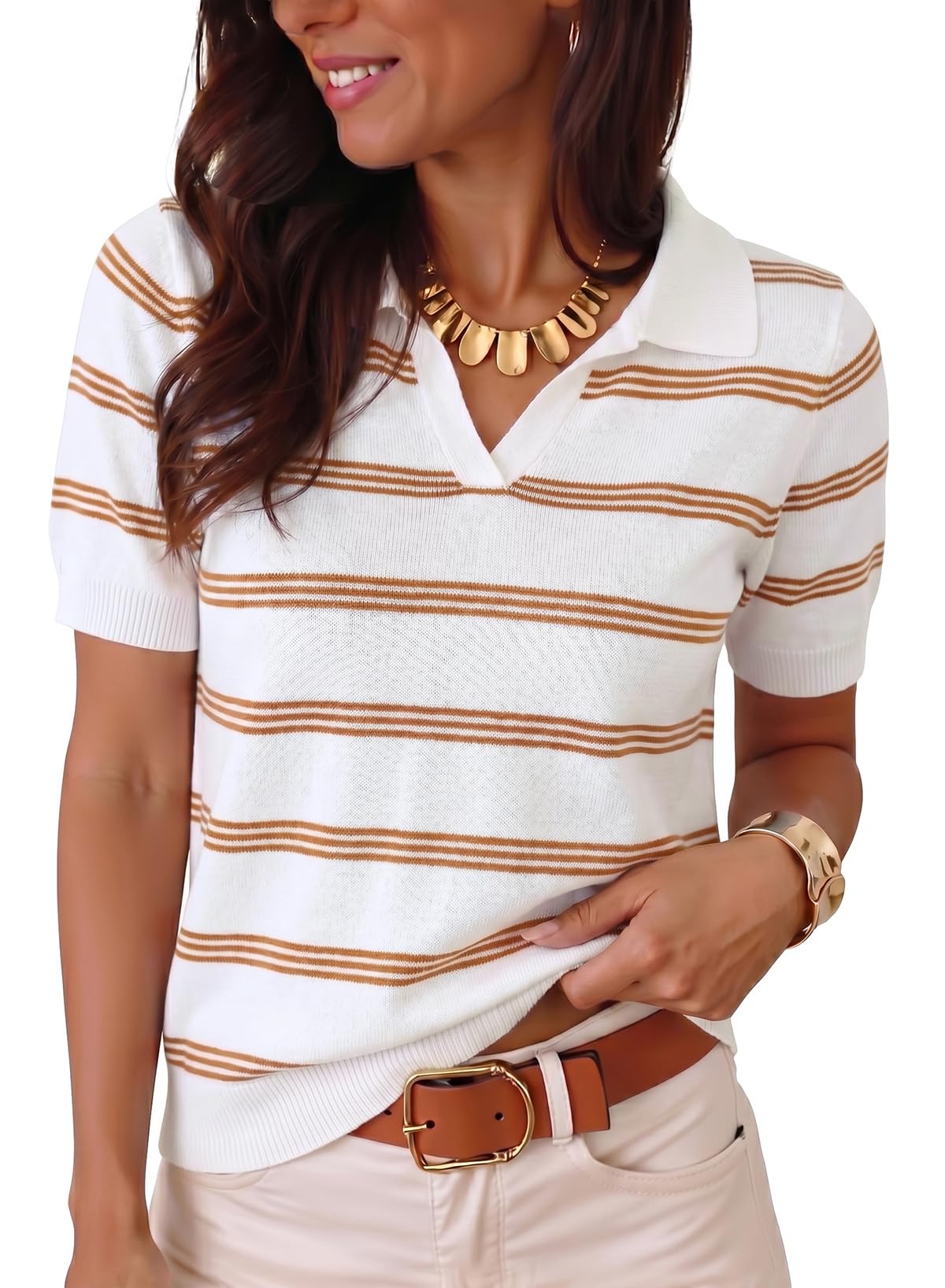 Dokotoo Women Short Sleeve Sweater V Neck Knit Tops Business Casual Collared Work Shirt