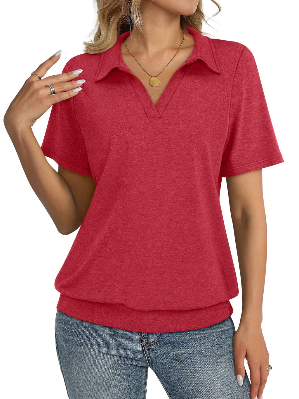 TICTICMISS Womens Polo Shirts Short Sleeve Banded Bottom Tops Business