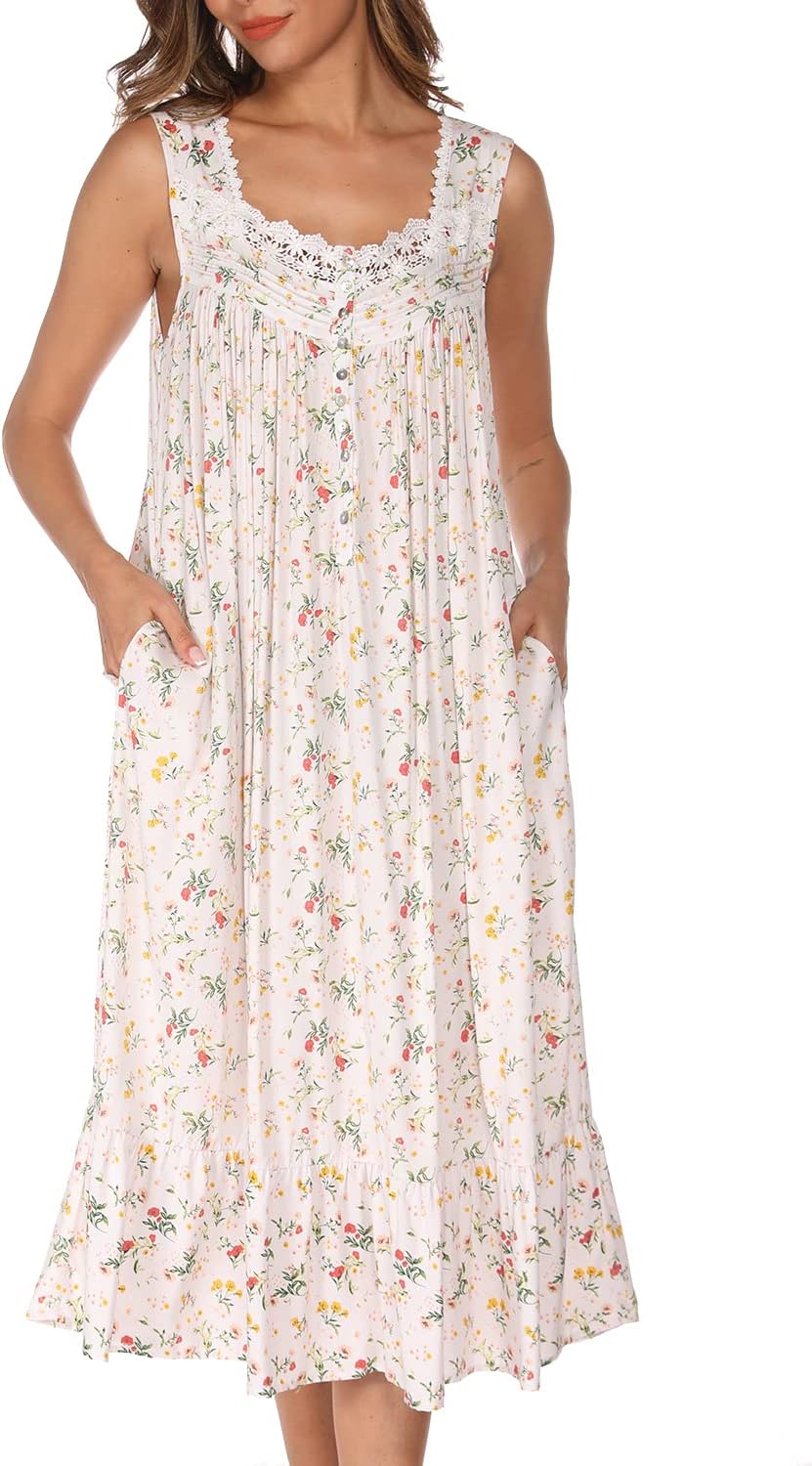 AVIIER Cotton Nightgowns for Women Sleeveless House Dress Ladies Long Nightdress with Pockets S-XXL