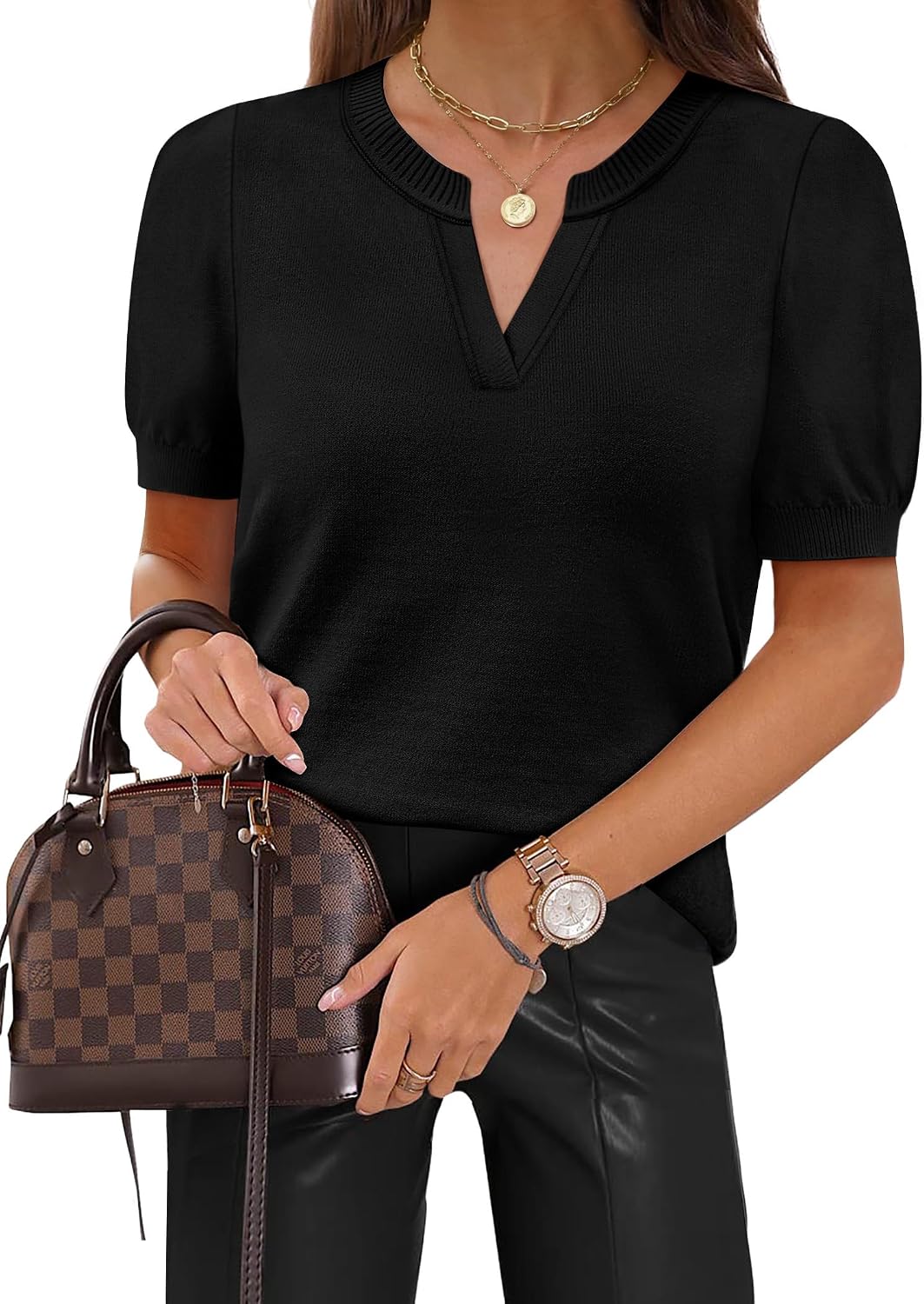 WIHOLL Short Sleeve Sweater Tops 2026 Spring Summer Trendy Knit Business Casual Essential V Neck Sweaters