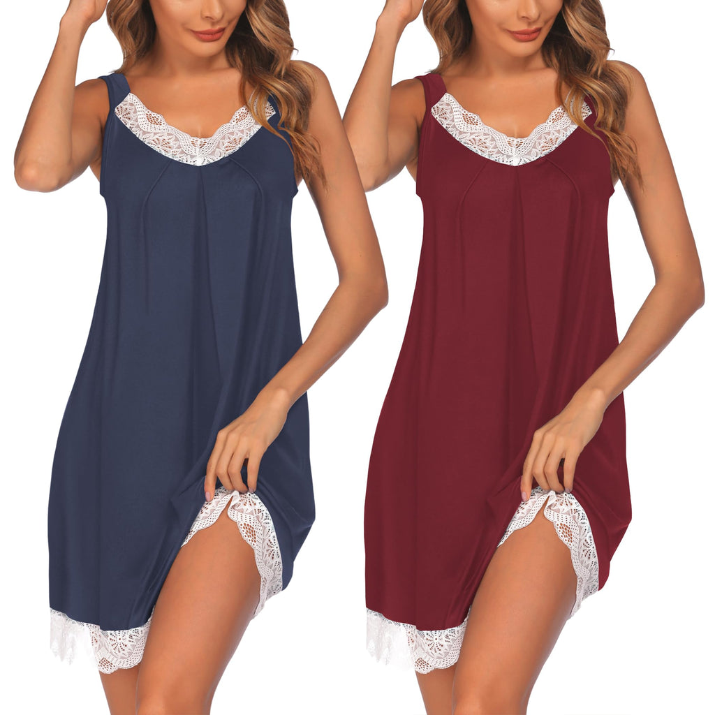 Ekouaer 2 Pack Night Gowns for Adult Women V Neck Lace Sleeveless Sleepwear