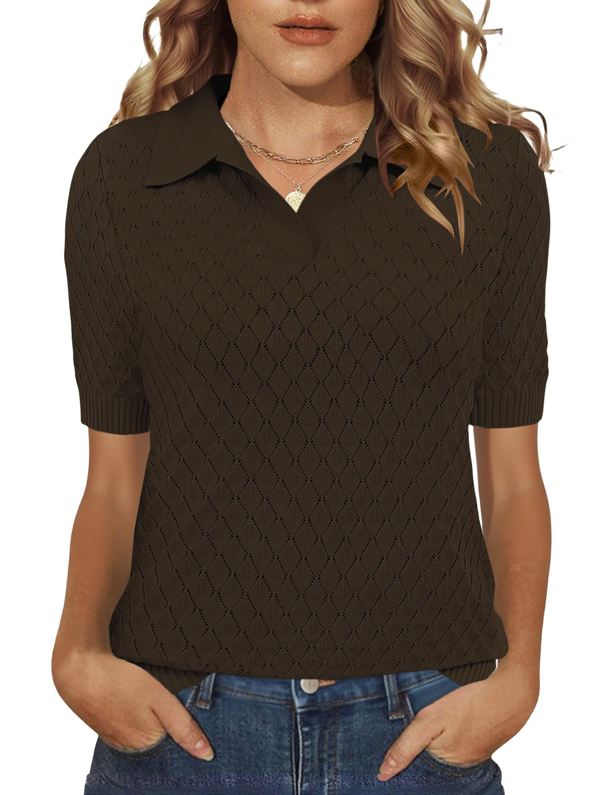 Rapbin Womens Short Sleeve Knit Polo Shirts Summer Spring Sweater Tops