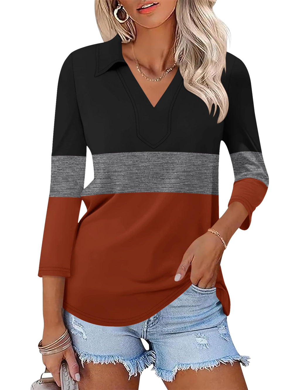 LOMON 3/4 Sleeve Womens Tops Summer Collared Polo Shirts V Neck Polos Tees