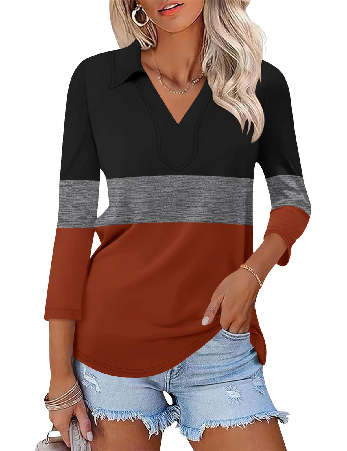 LOMON 3/4 Sleeve Womens Tops Summer Collared Polo Shirts V Neck Polos Tees