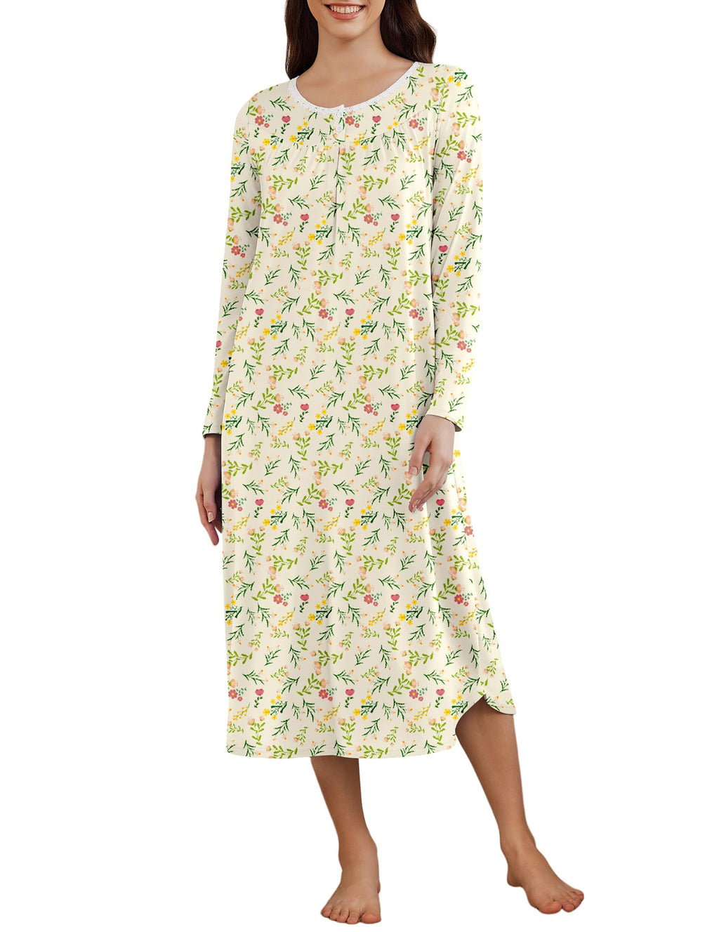 Ekouaer Womens Long Sleeve Nightgowns Long Sleepshirts Henley Sleep Dress