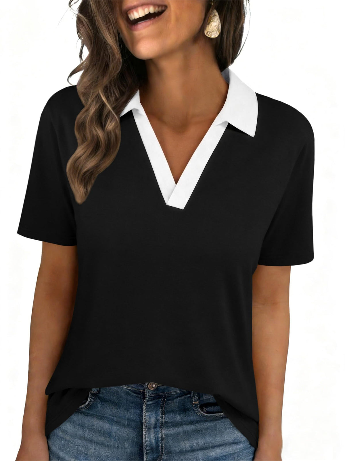 Womens Polo Shirts Short Sleeve V Neck Collared Business Summer Blouse Top