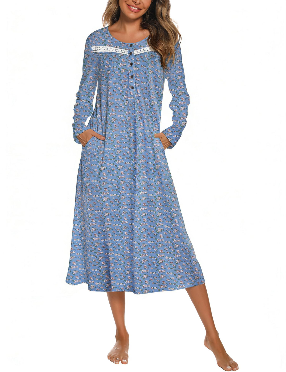 YOZLY Nightgowns for Women Soft Cotton Long Sleeve Night Gwon with Pockets