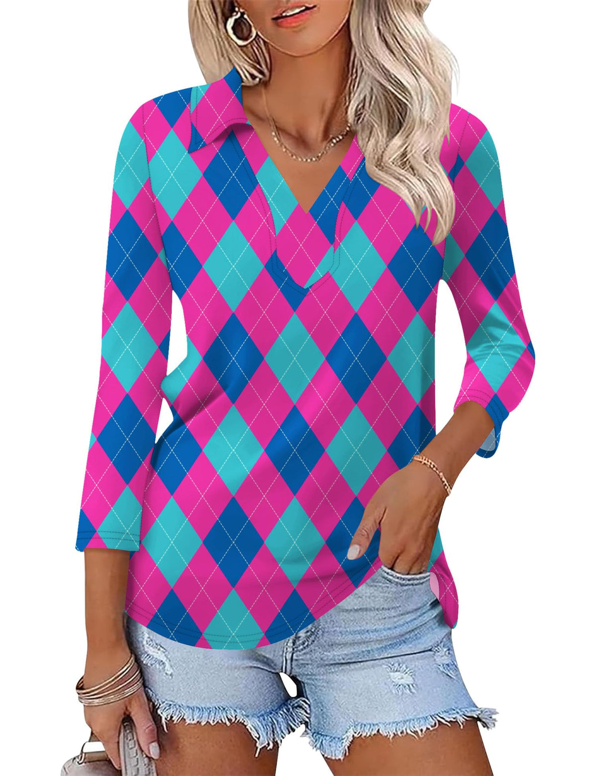 LOMON 3/4 Sleeve Womens Tops Summer Collared Polo Shirts V Neck Polos Tees