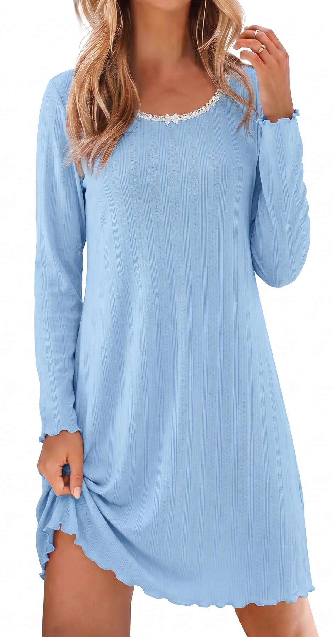 Ekouaer Women's Long Sleeve Nightgown Soft Ribbed Sleep Dress Night Shirt