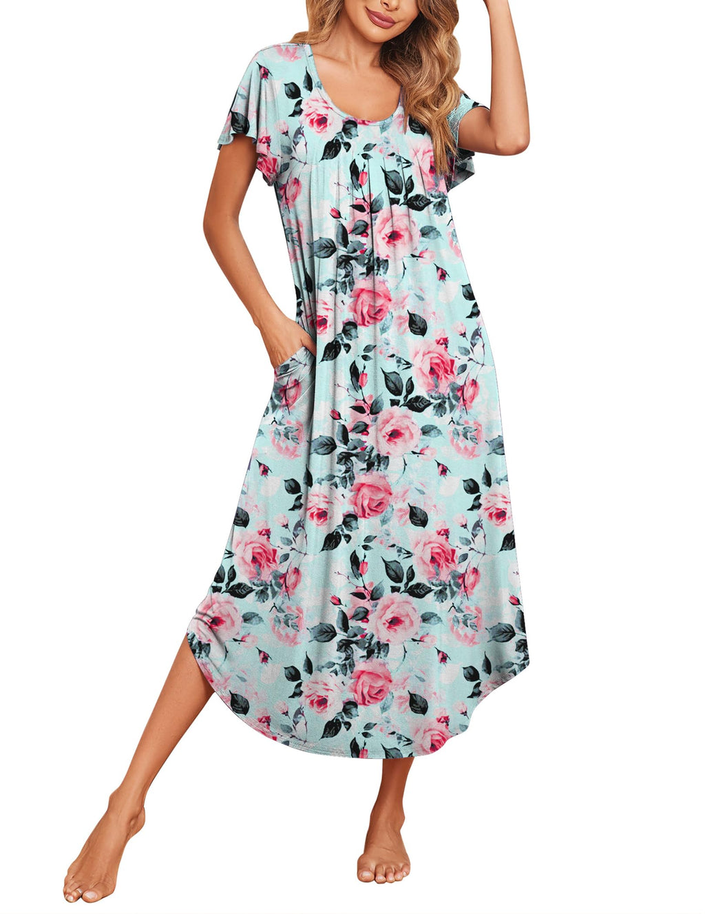 Ekouaer Long Nightgowns for Women with Pockets Short Sleeves House Dresses