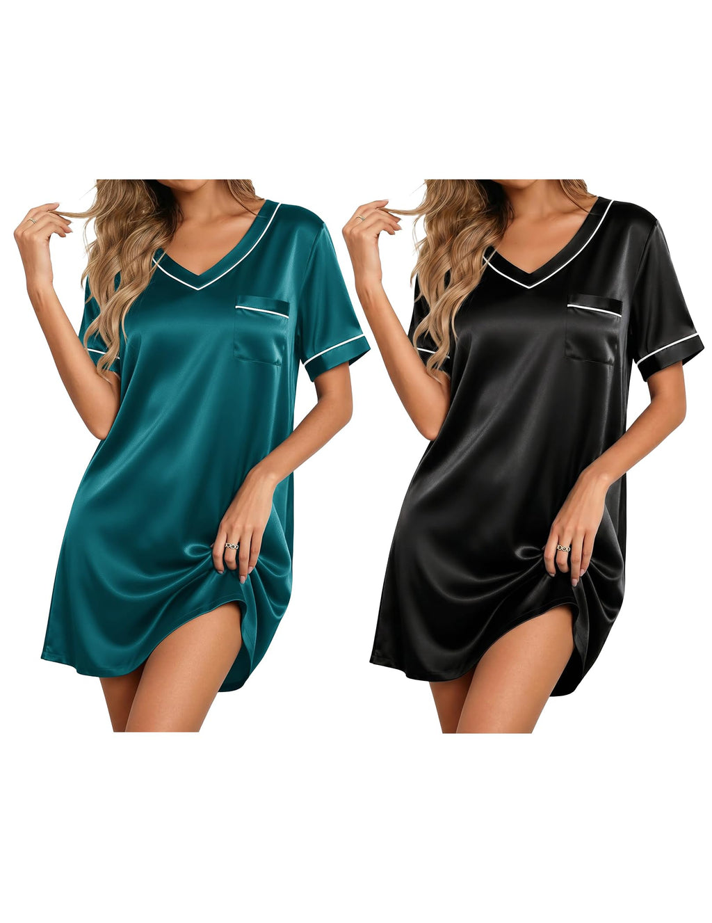 Ekouaer 2 Pack Nightgowns for Women Satin Short Sleeve V Neck House Dress