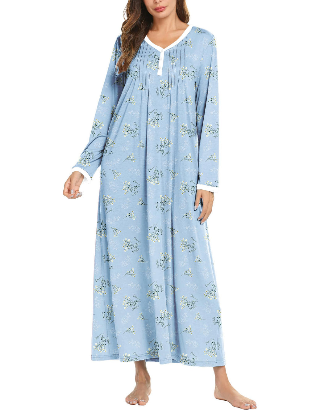 Ekouaer Women's Long Sleeve Nightgown Full Length Sleepwear Long Sleepshirts Henley Sleep Dress