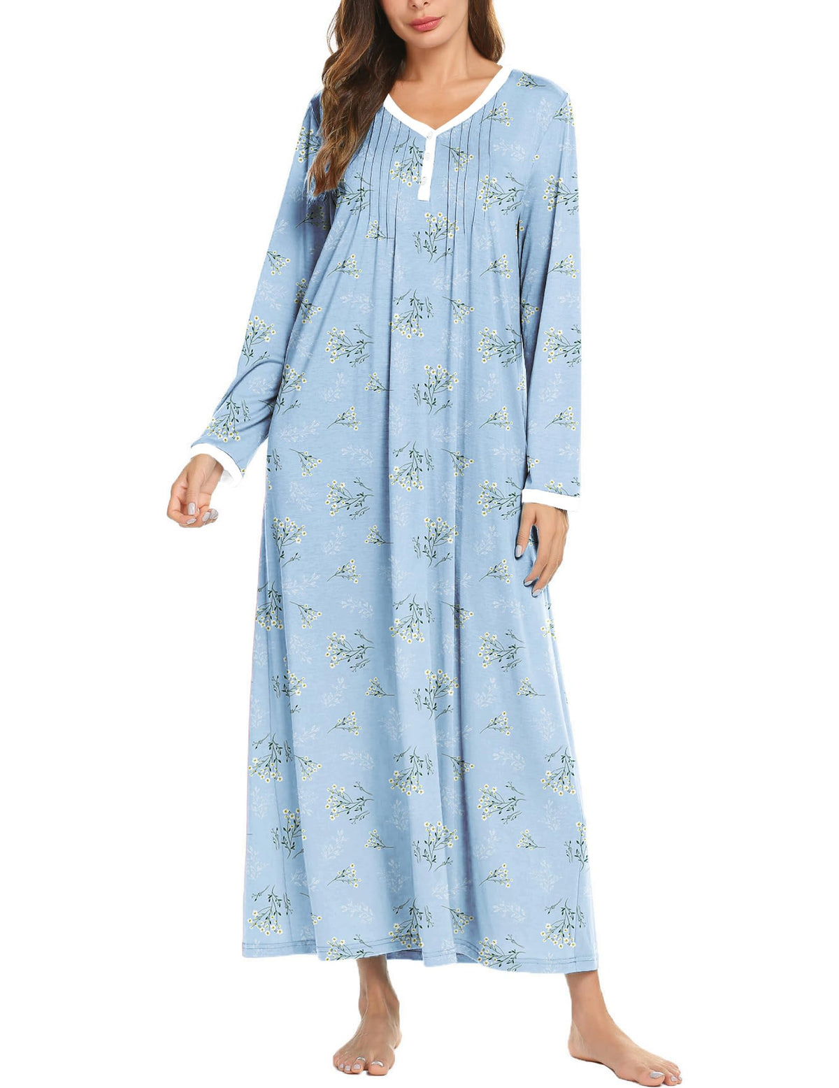 Ekouaer Women's Long Sleeve Nightgown Full Length Sleepwear Long Sleepshirts Henley Sleep Dress