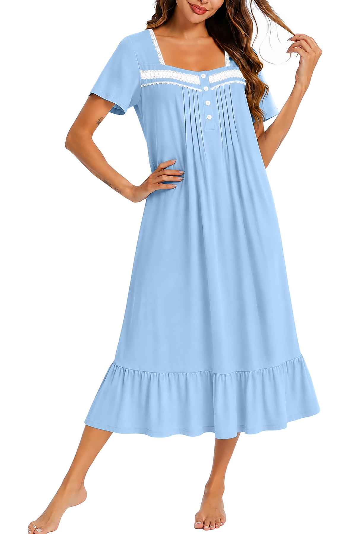 Ekouaer Cotton Long Nightgowns for Women Short Sleeve Button House Dress