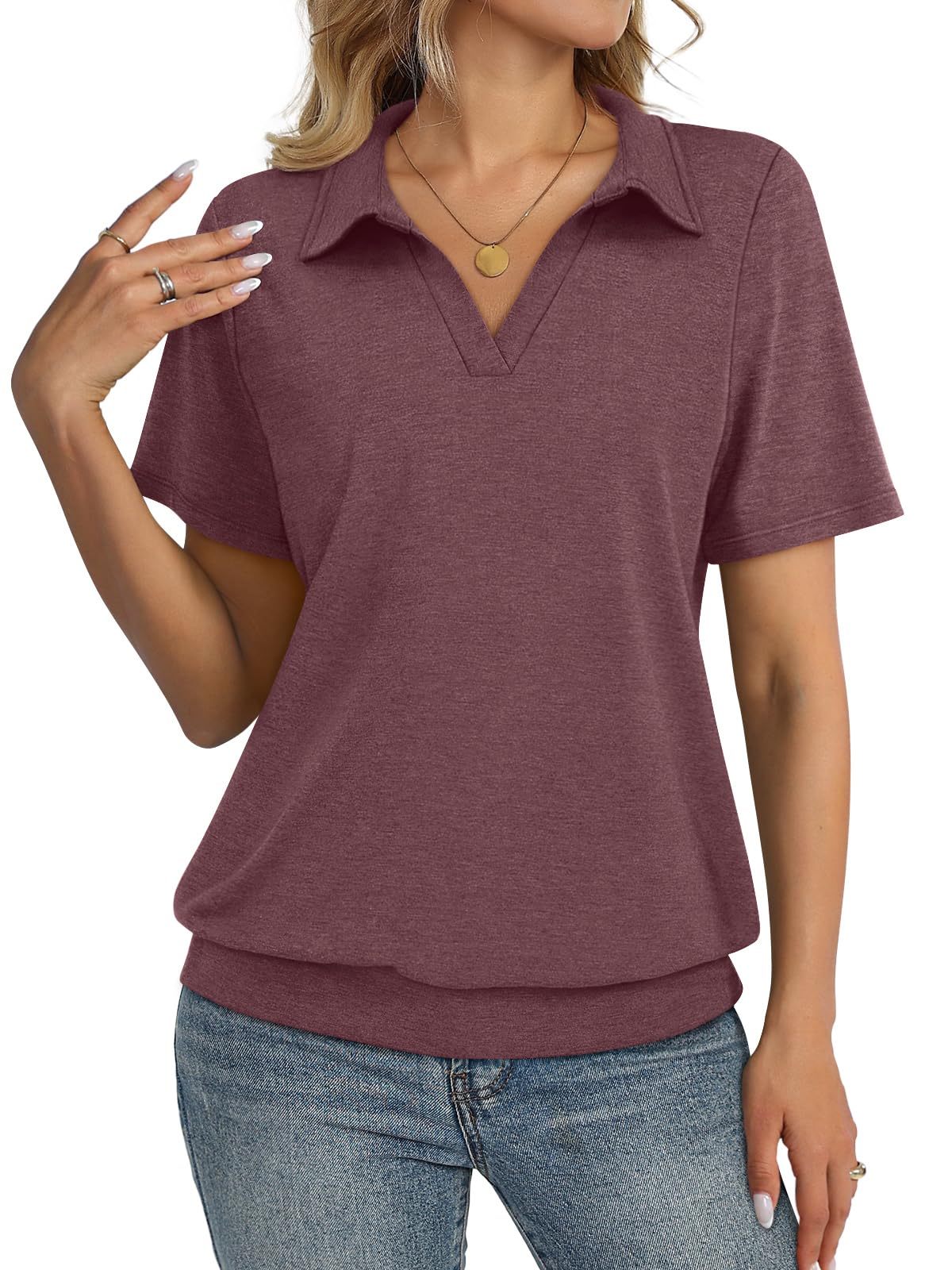 TICTICMISS Womens Polo Shirts Short Sleeve Banded Bottom Tops Business