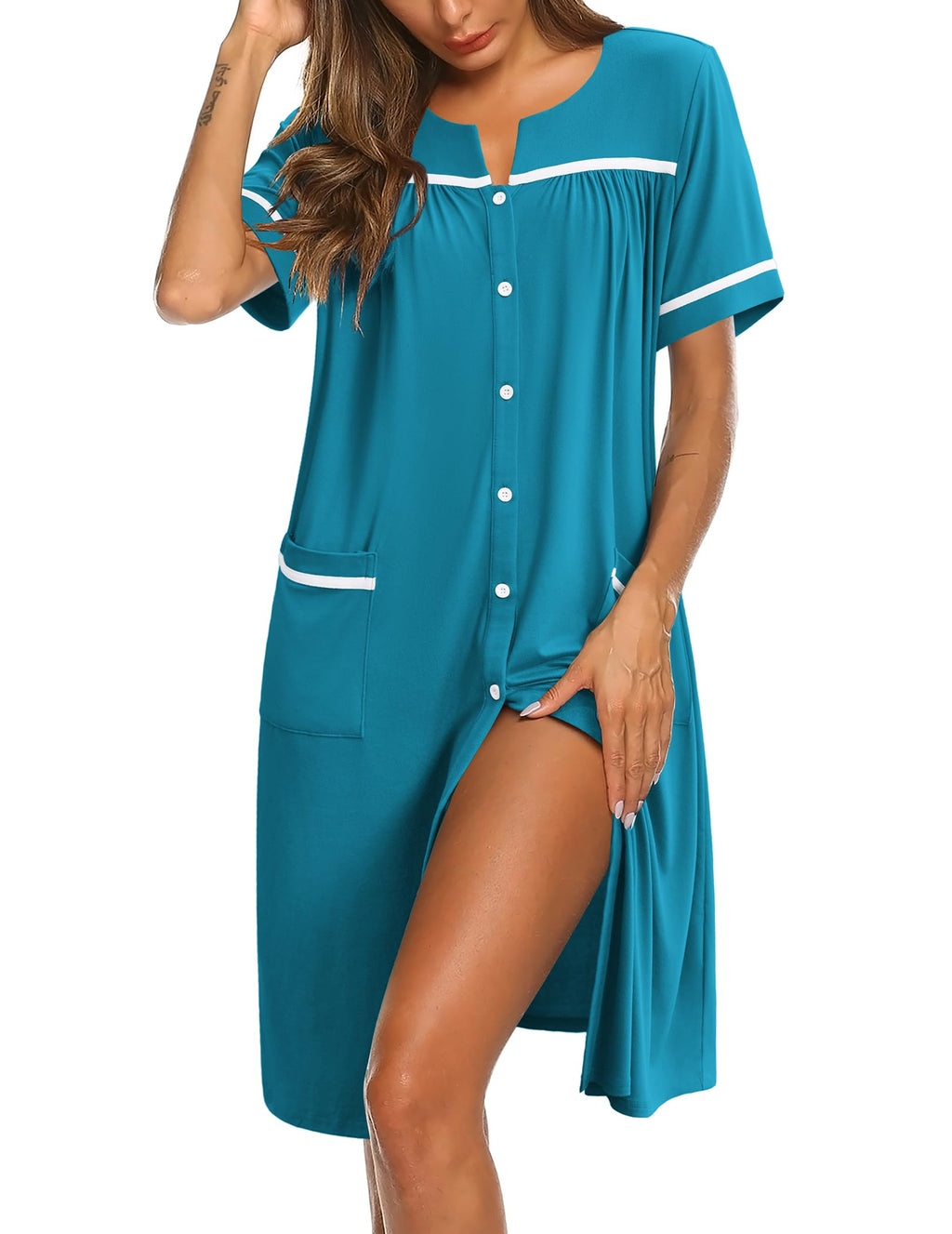 Ekouaer Nightgowns for Women House Dress with Pockets Button Down Sleepshirt Short Sleeve Nightshirt Housecoat