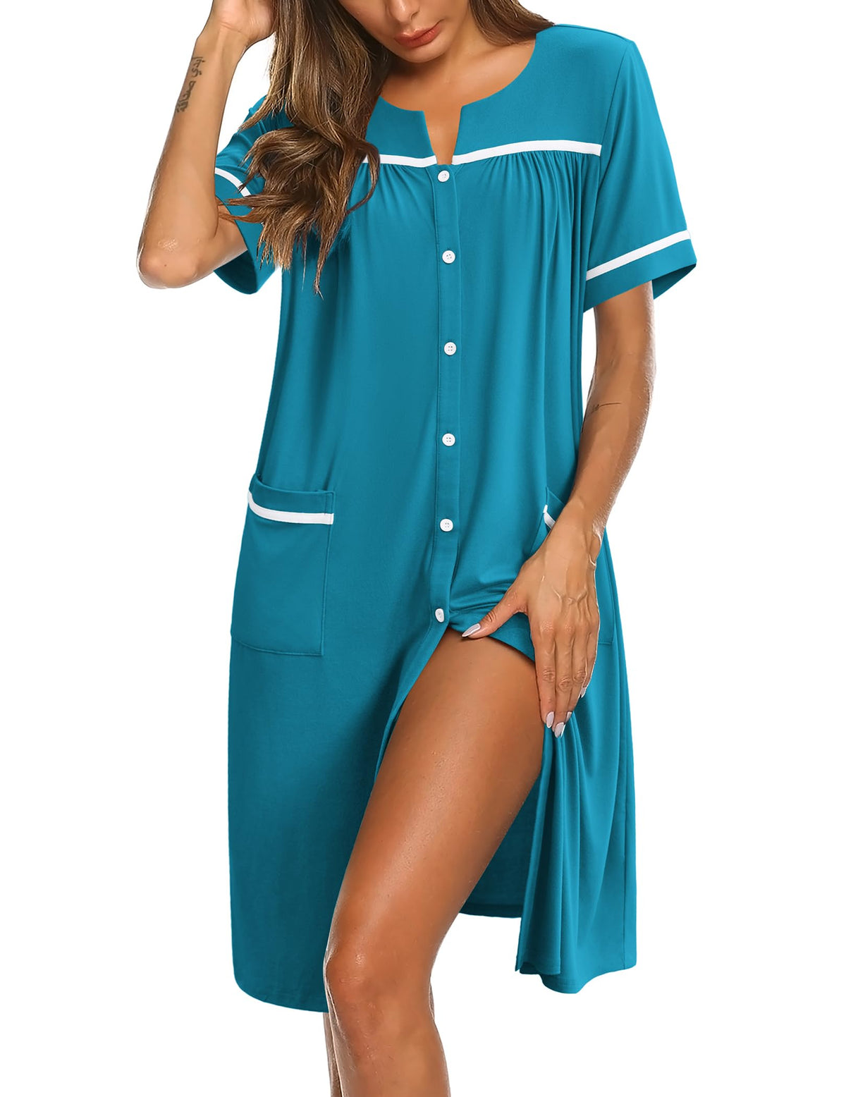 Ekouaer Nightgowns for Women House Dress with Pockets Button Down Sleepshirt Short Sleeve Nightshirt Housecoat