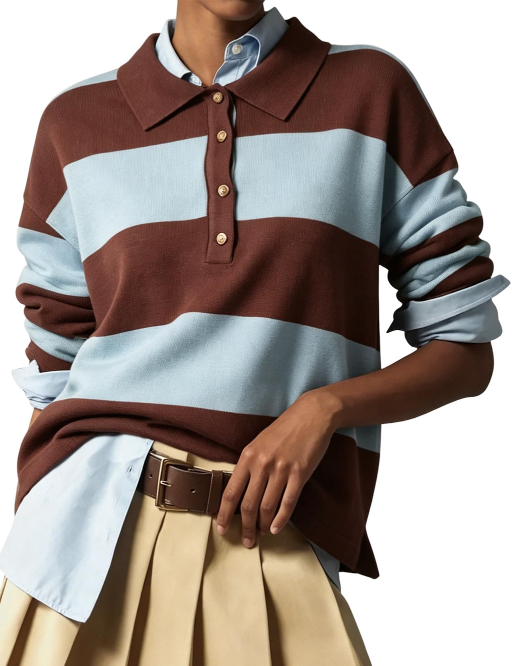 Wyeysyt Polo Sweater Women Rugby Shirt Striped Collared Sweaters