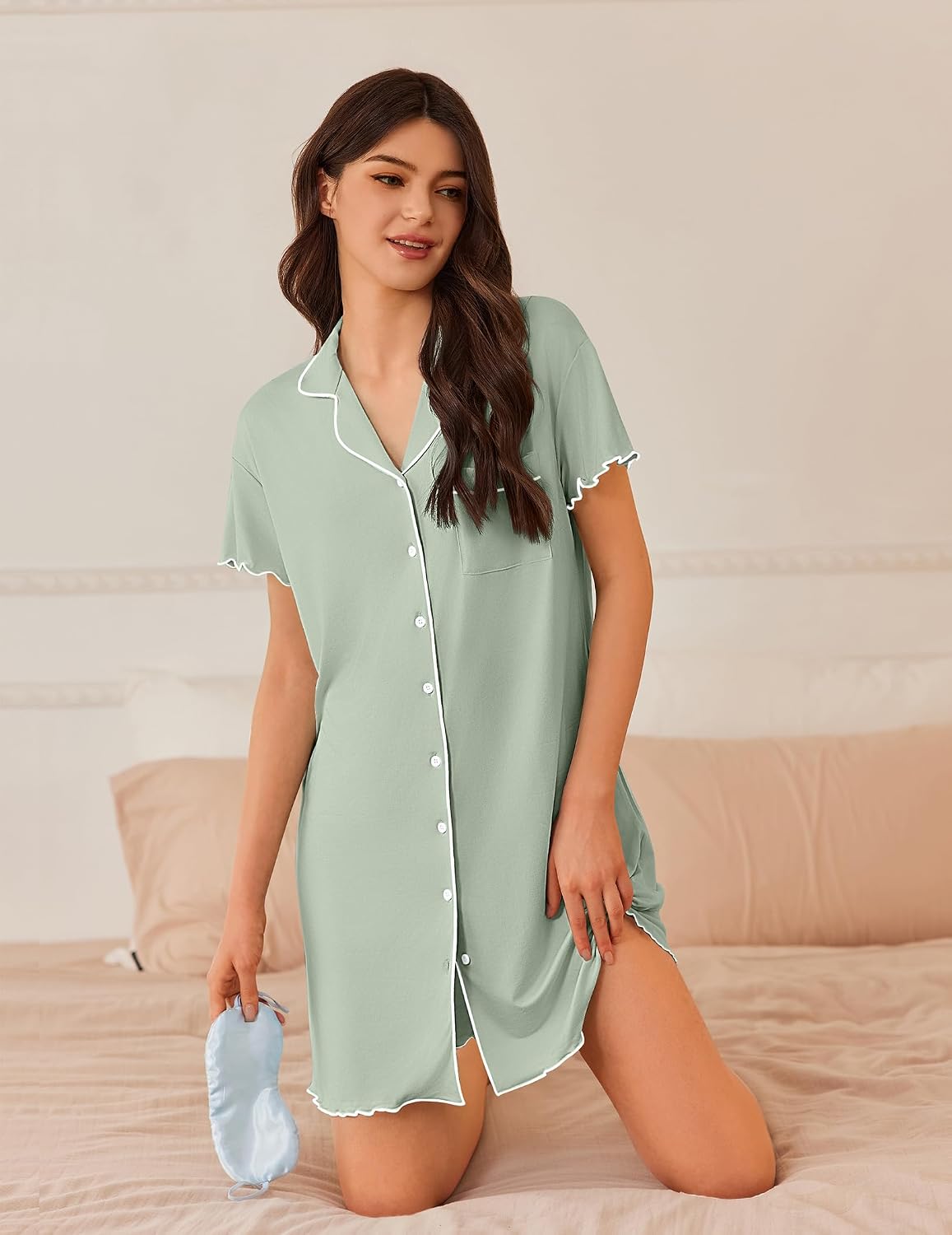 Ekouaer Nightgowns for Women Button Down Sleep Shirt Short Sleeve Sleepwear