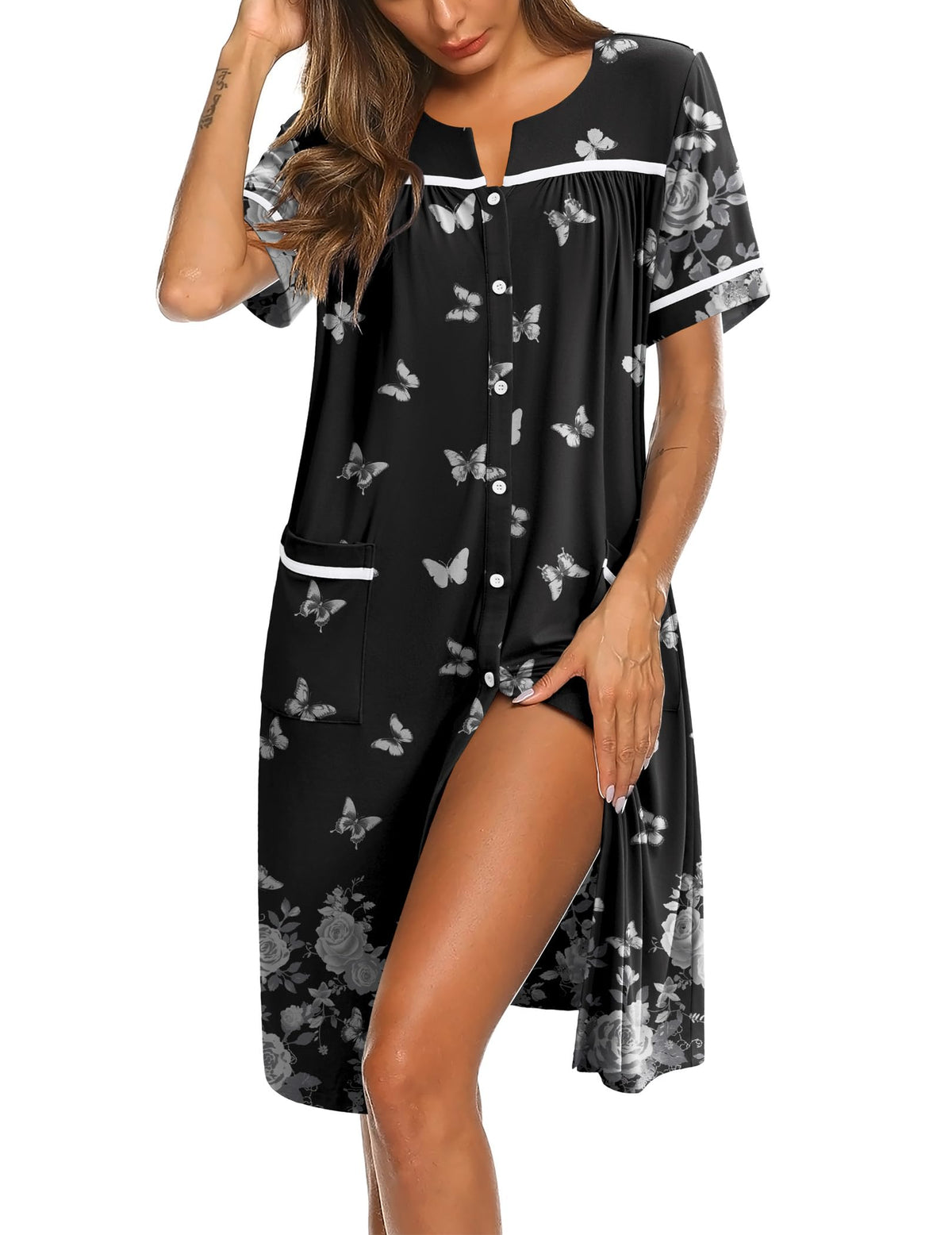 Ekouaer Nightgowns for Women House Dress with Pockets Button Down Sleepshirt Short Sleeve Nightshirt Housecoat