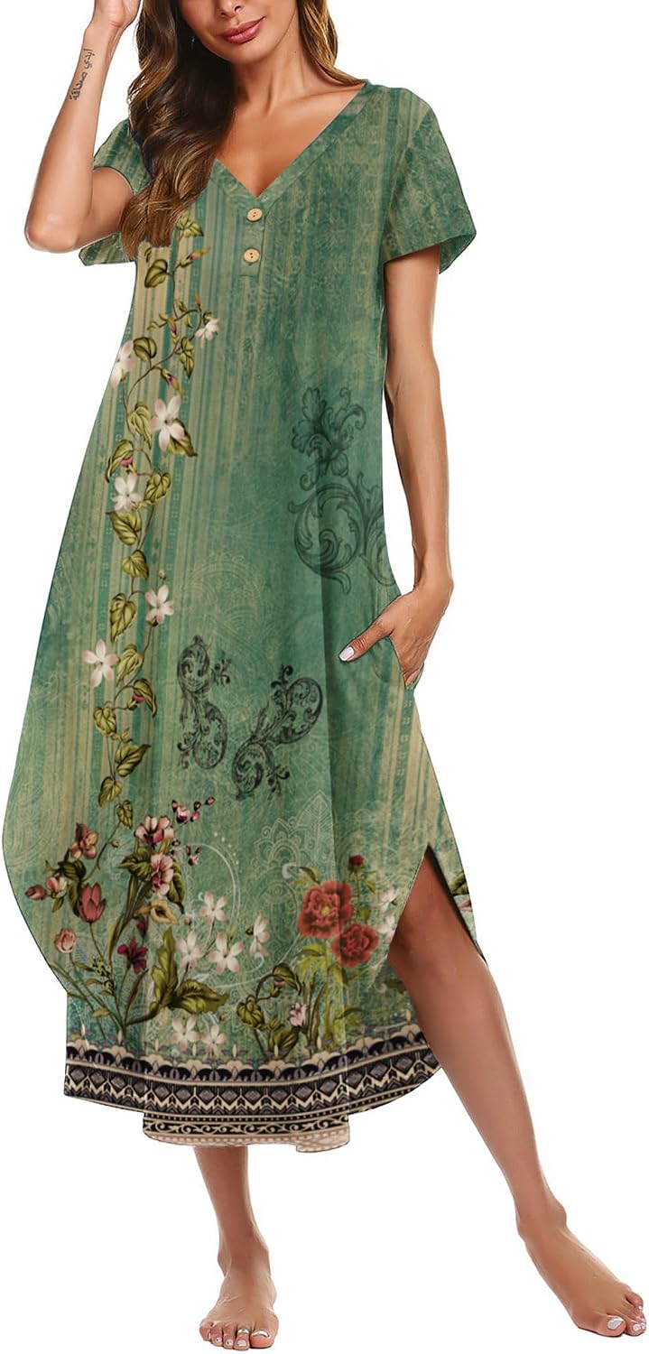 Ekouaer Long Nightgowns For Women Short Sleeve Midi Nightgown With Pockets
