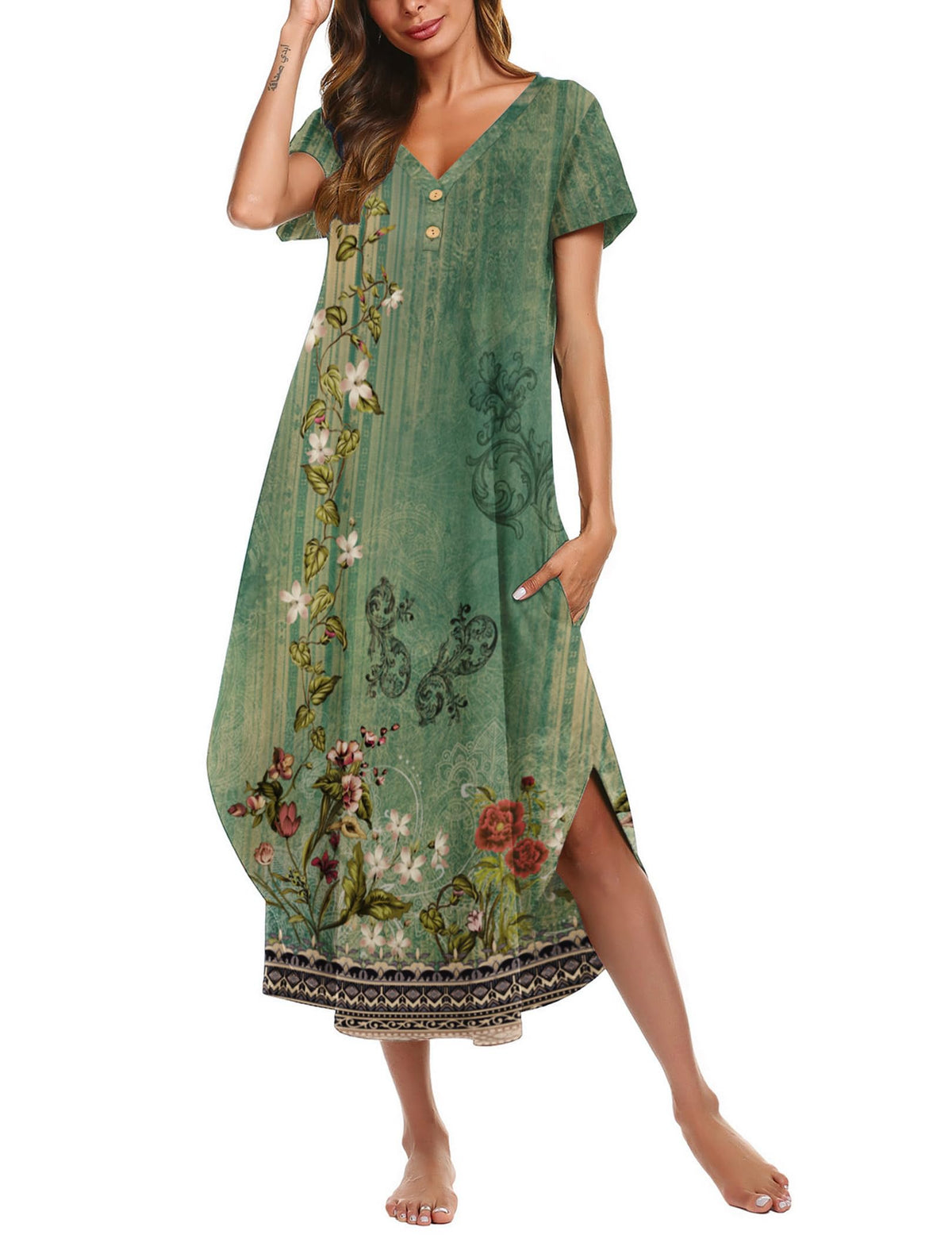 Ekouaer Long Nightgowns For Women Short Sleeve Midi Nightgown With Pockets