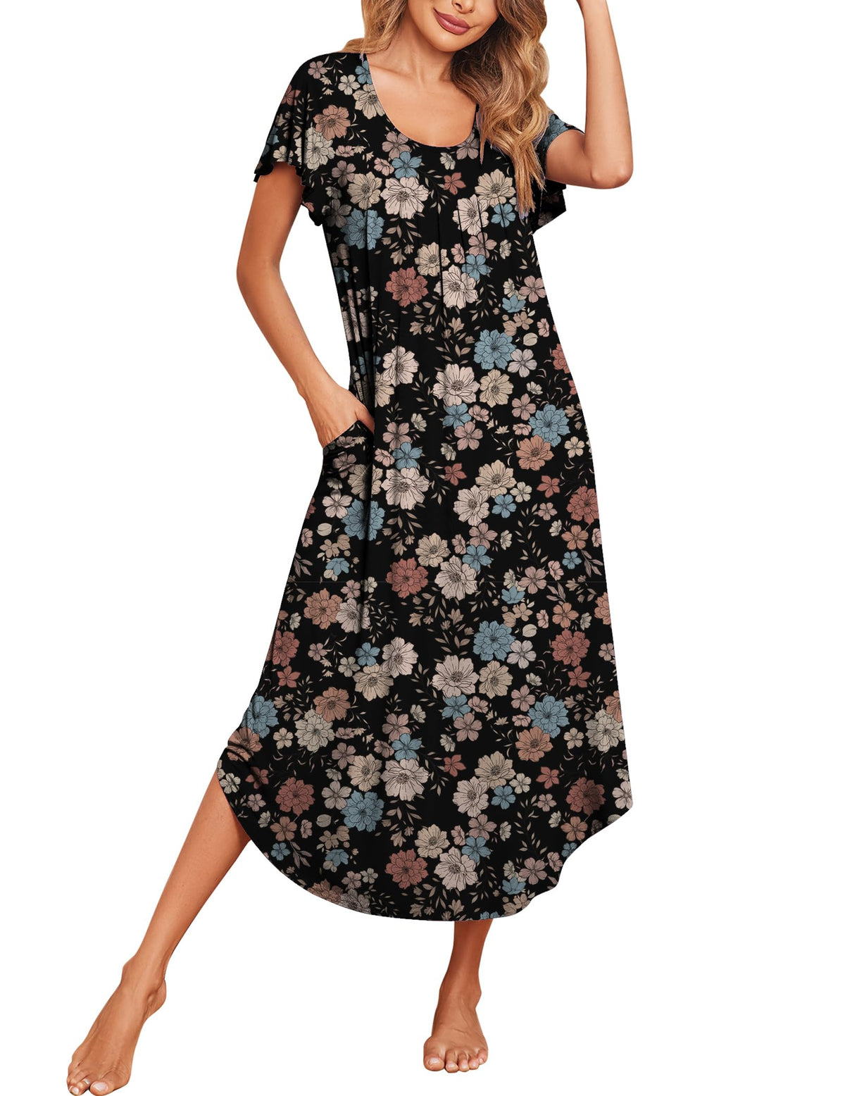 Ekouaer Long Nightgowns for Women with Pockets Short Sleeves House Dresses