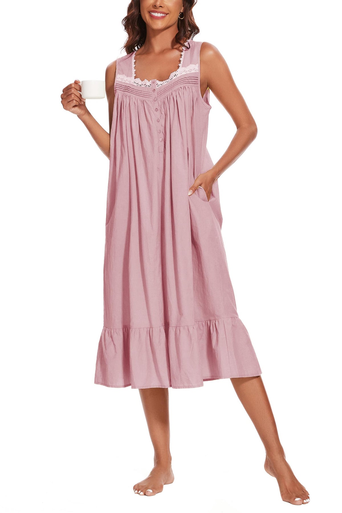 AVIIER 100% Cotton Nightgowns for Women Sleeveless Sleep Dress Ladies Gowns Sleepwear with Pockets