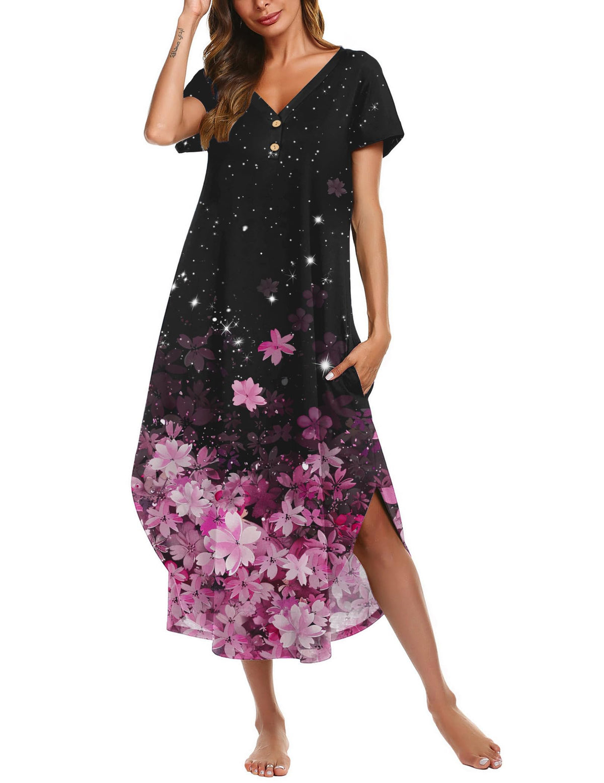 Ekouaer Long Nightgowns For Women Short Sleeve Midi Nightgown With Pockets