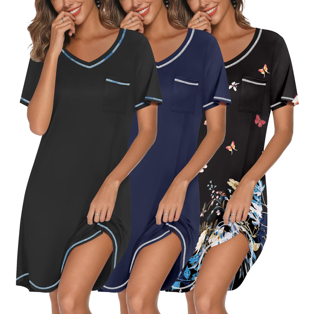 Ekouaer 3 Pack Nightgowns for Women Short Sleeve Sleep Shirt Soft Sleepwear