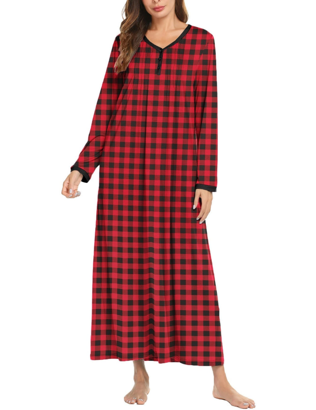 Ekouaer Women's Long Sleeve Nightgown Full Length Sleepwear Long Sleepshirts Henley Sleep Dress