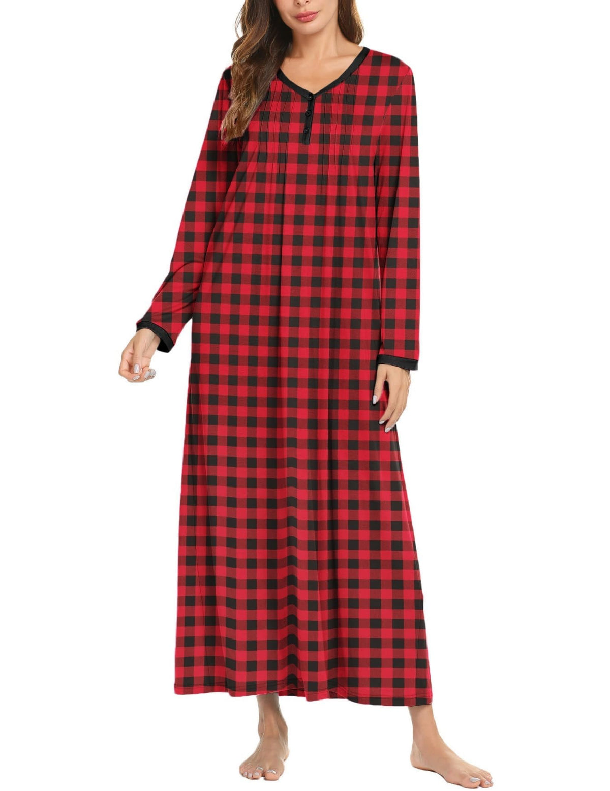 Ekouaer Women's Long Sleeve Nightgown Full Length Sleepwear Long Sleepshirts Henley Sleep Dress
