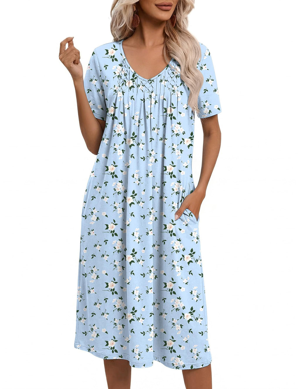 Ekouaer Nightgowns for Women with Pockets House Dress Pleated Night Gowns
