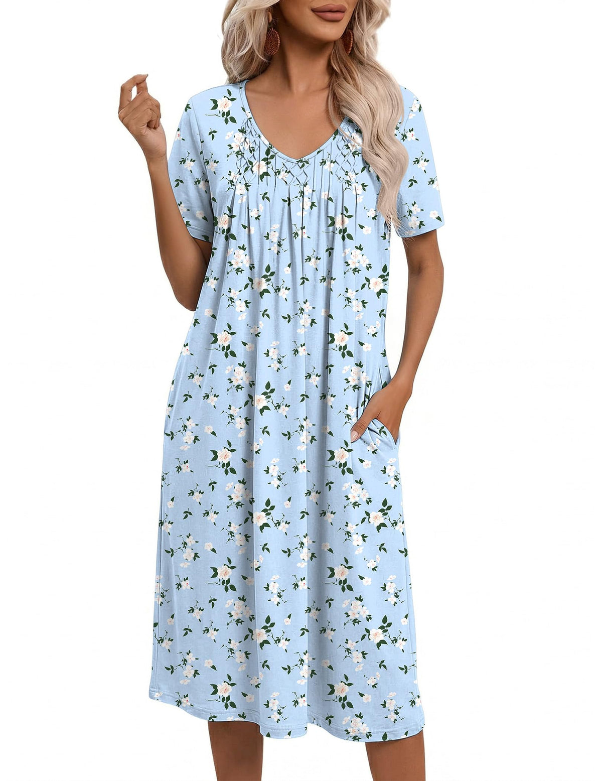 Ekouaer Nightgowns for Women with Pockets House Dress Pleated Night Gowns