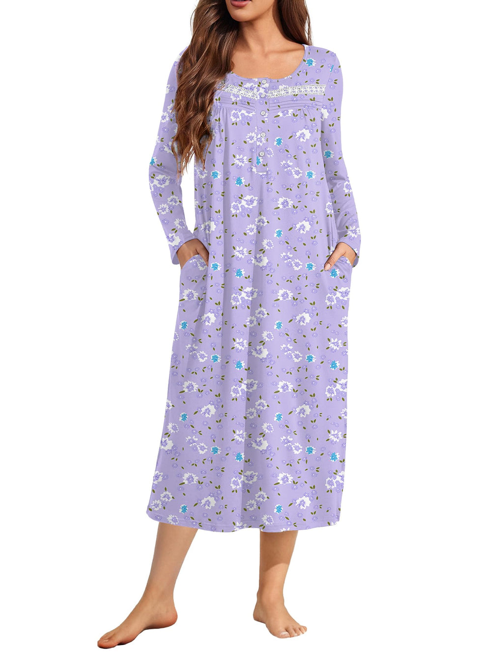 Ekouaer Long Sleeve Nightgown for Women Long Henley House Dress with Pocket