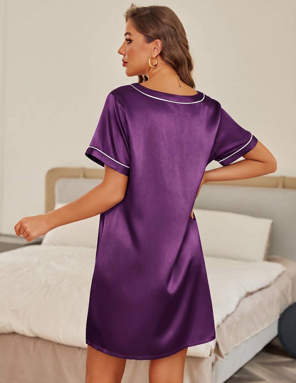 Ekouaer 2 Pack Nightgowns for Women Satin Short Sleeve V Neck House Dress
