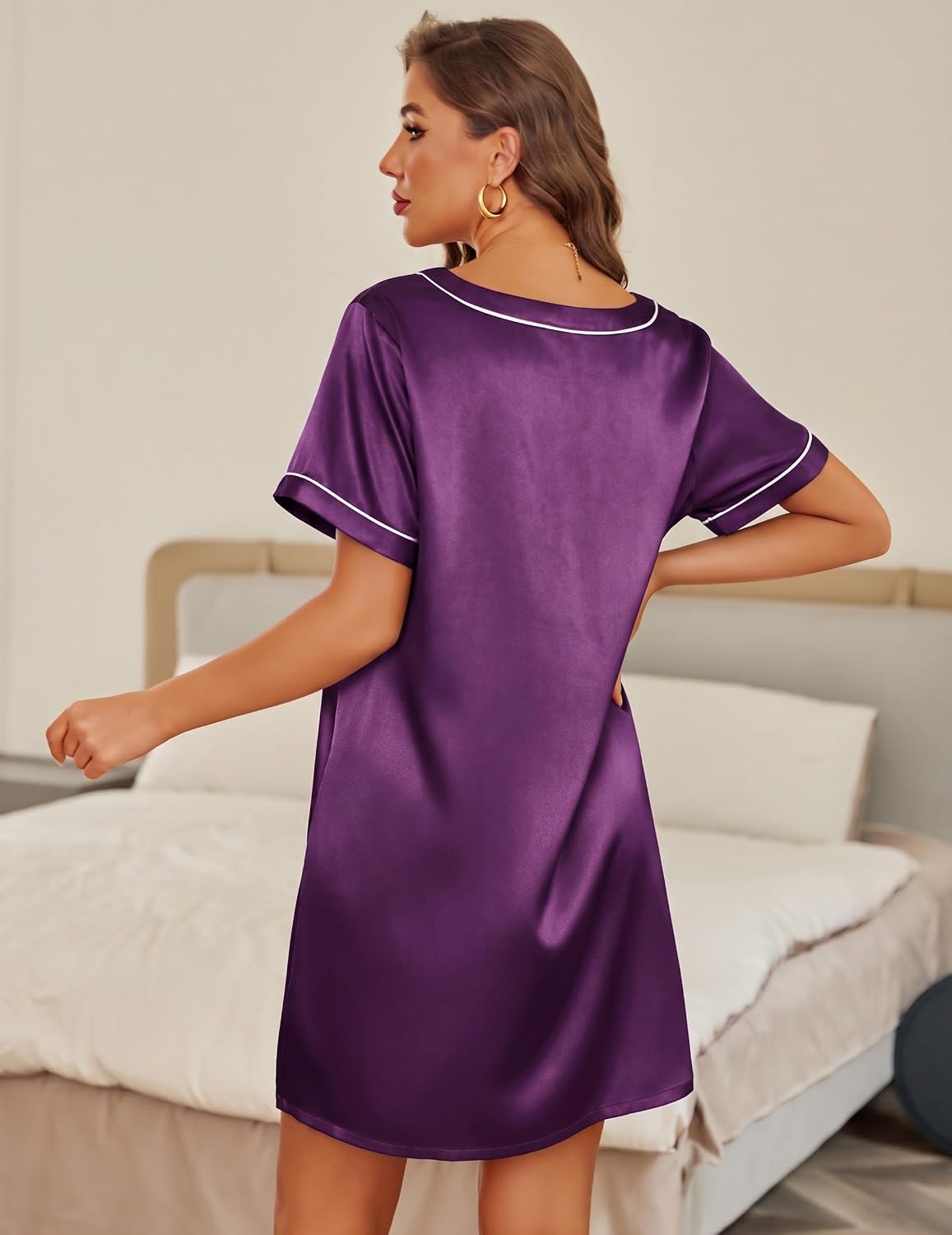 Ekouaer 2 Pack Nightgowns for Women Satin Short Sleeve V Neck House Dress