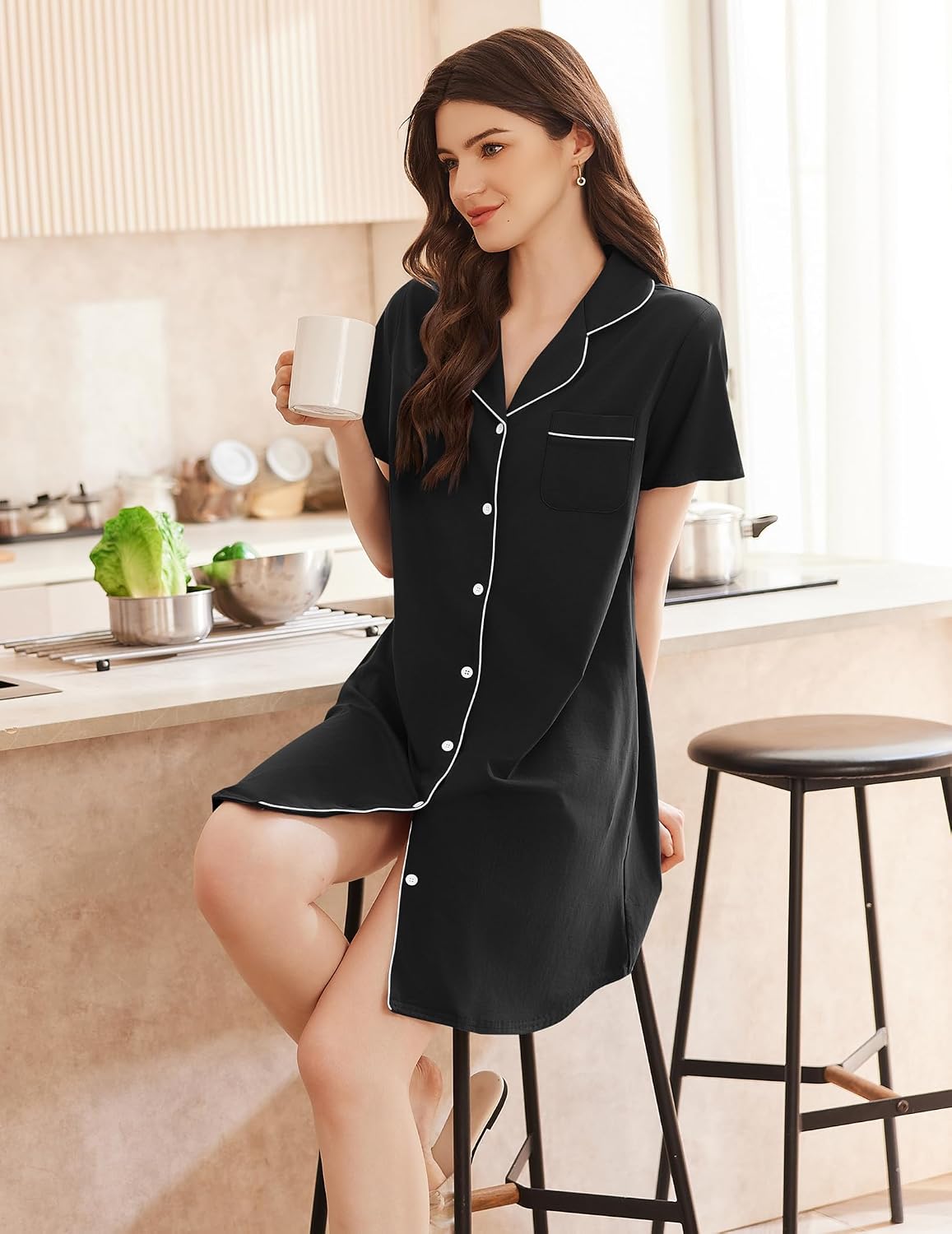 Ekouaer Nightgowns for Women Button Down Sleep Shirt Short Sleeve Sleepwear