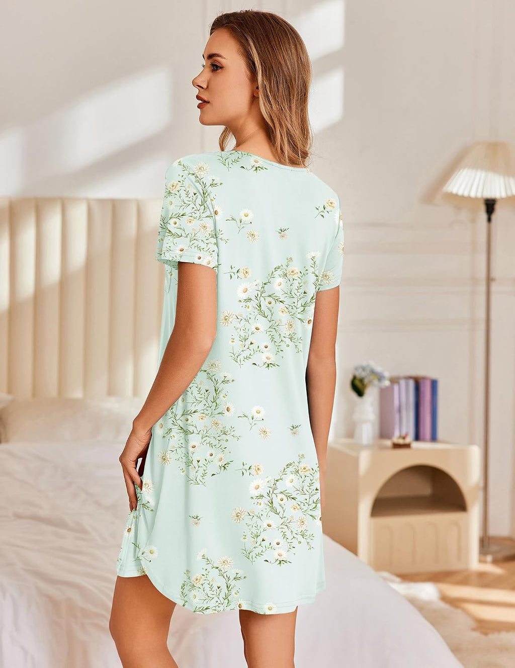 Ekouaer Nightgowns for Women Pleated Sleep Shirts Short Sleeve Night Shirts