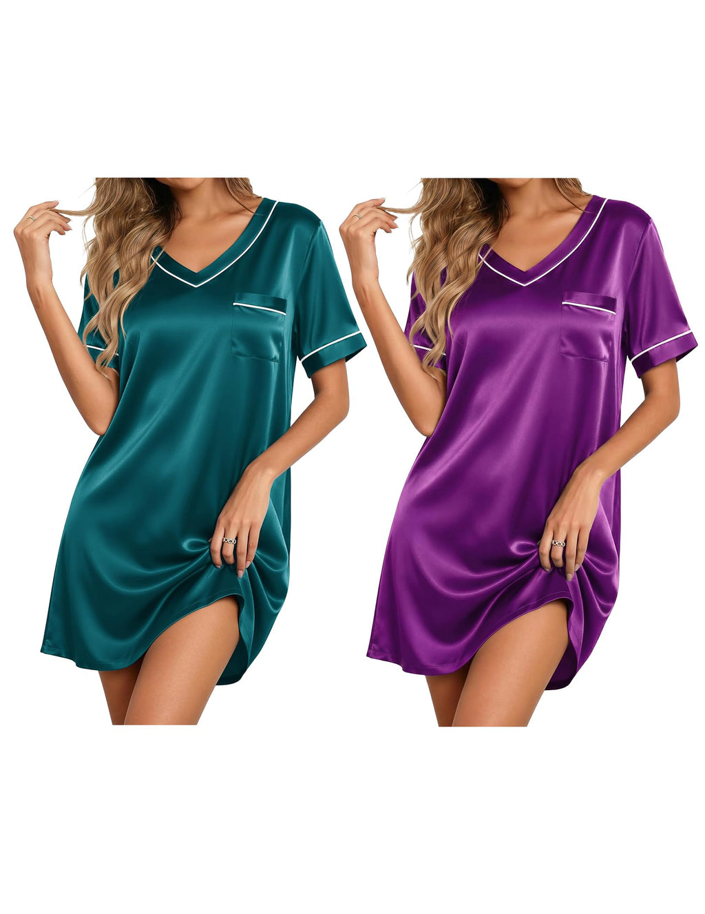 Ekouaer 2 Pack Nightgowns for Women Satin Short Sleeve V Neck House Dress
