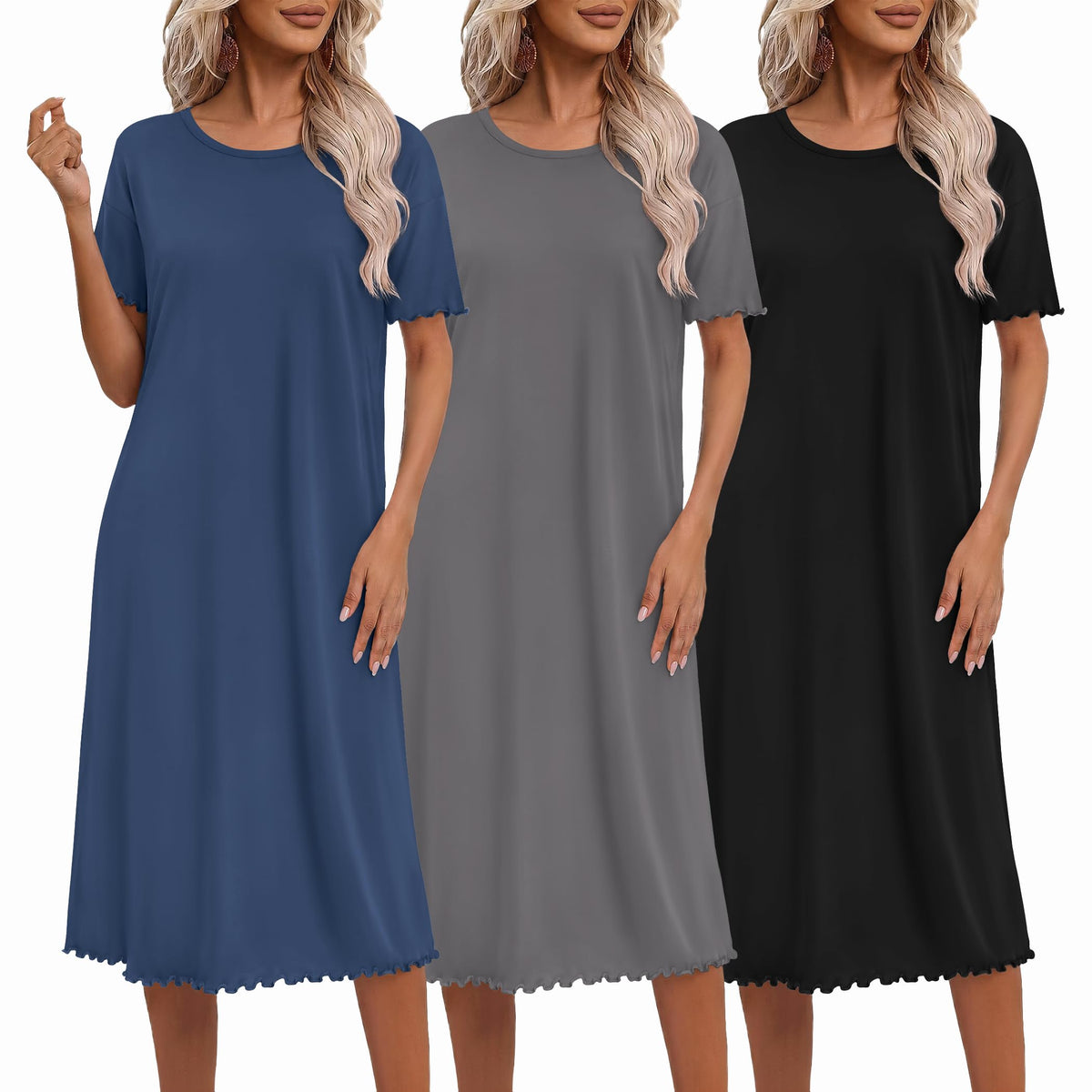 Ekouaer 3 Pack Long Nightgowns for Women Ruffle House Dress