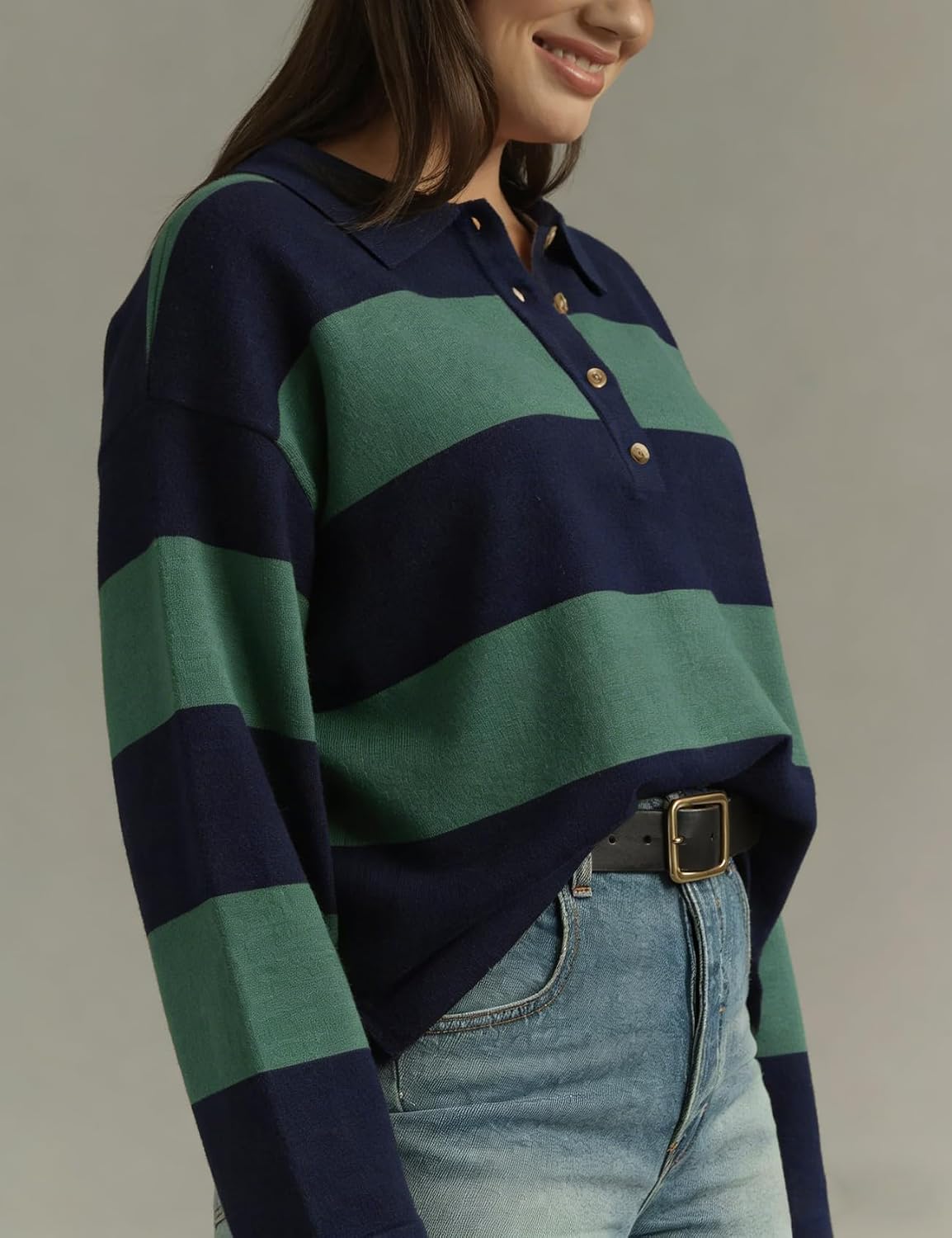 Wyeysyt Polo Sweater Women Rugby Shirt Striped Collared Sweaters